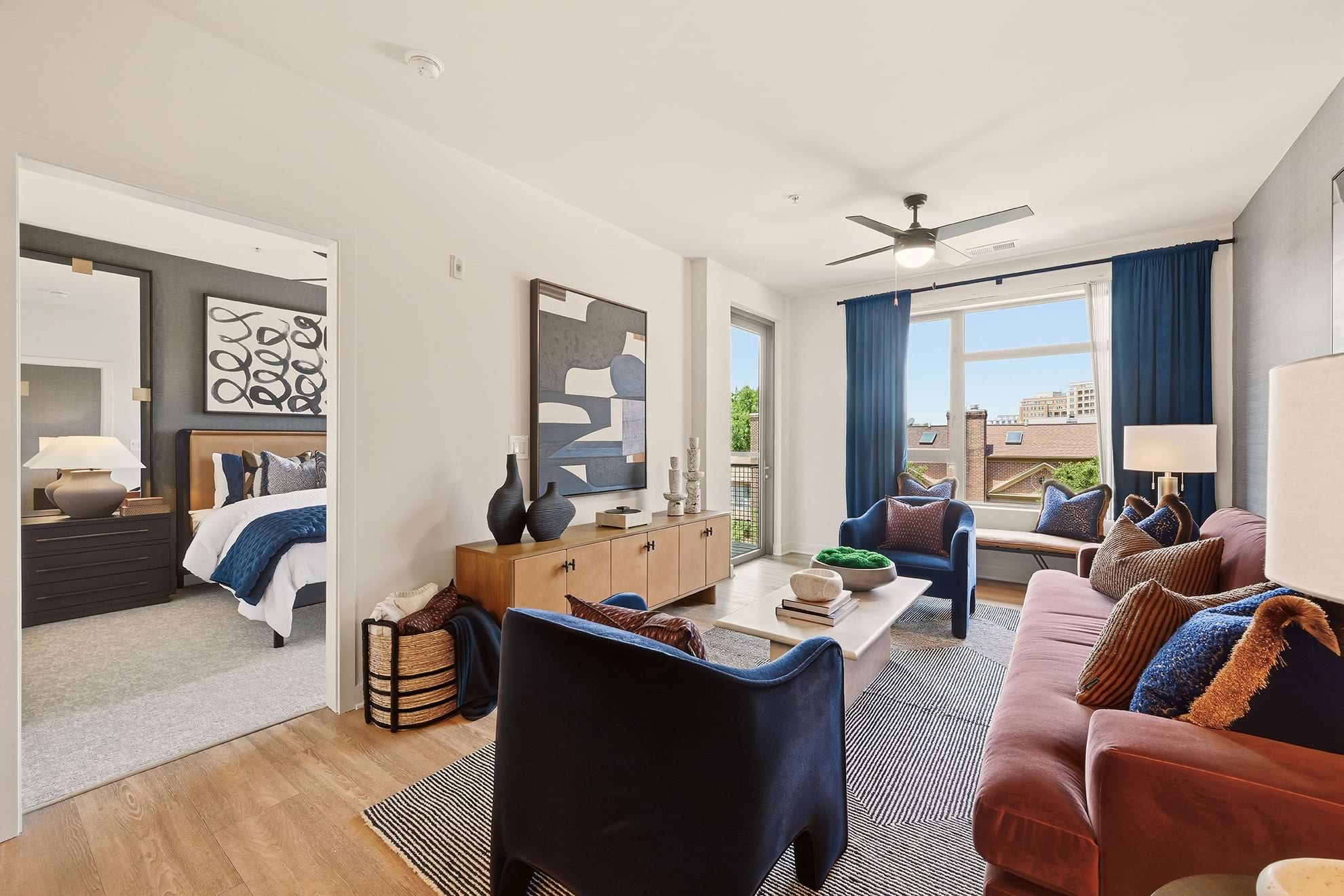 Living Room with a Ceiling Fan at Our Apartments in Ballston, VA