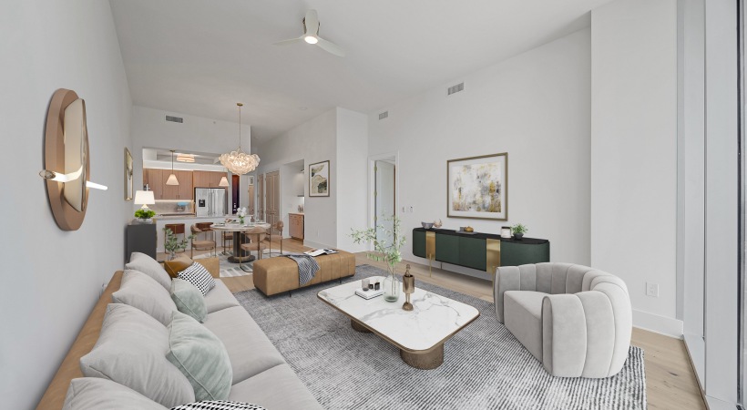 Spacious Living Room in Our Apartments by Klyde Warren Park