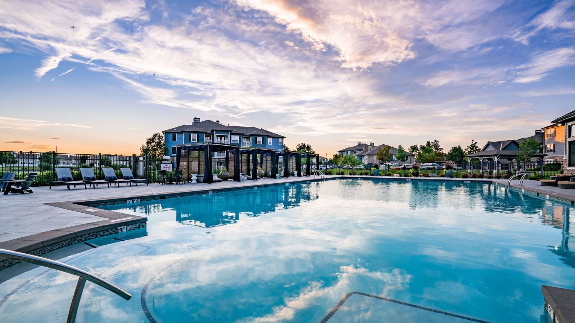 View of the Pool at Dusk at Our Gateway Apartments Near Denver Airport