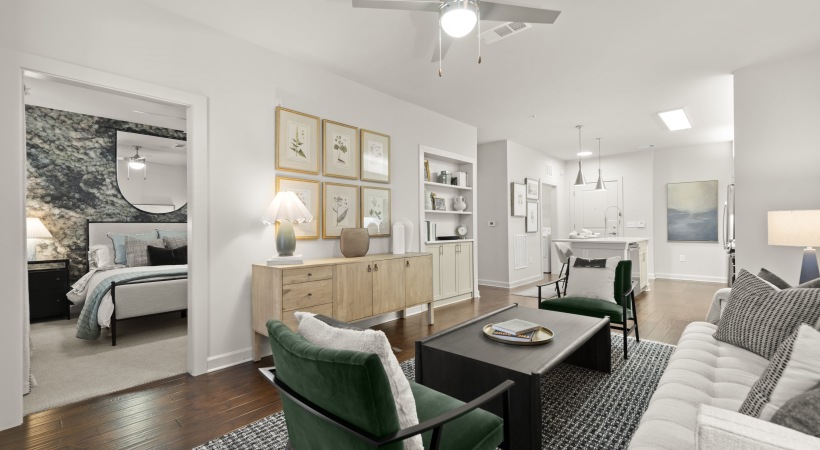 Cozy Living Room with Wood-Style Flooring at Our Buckhead Village Apartments