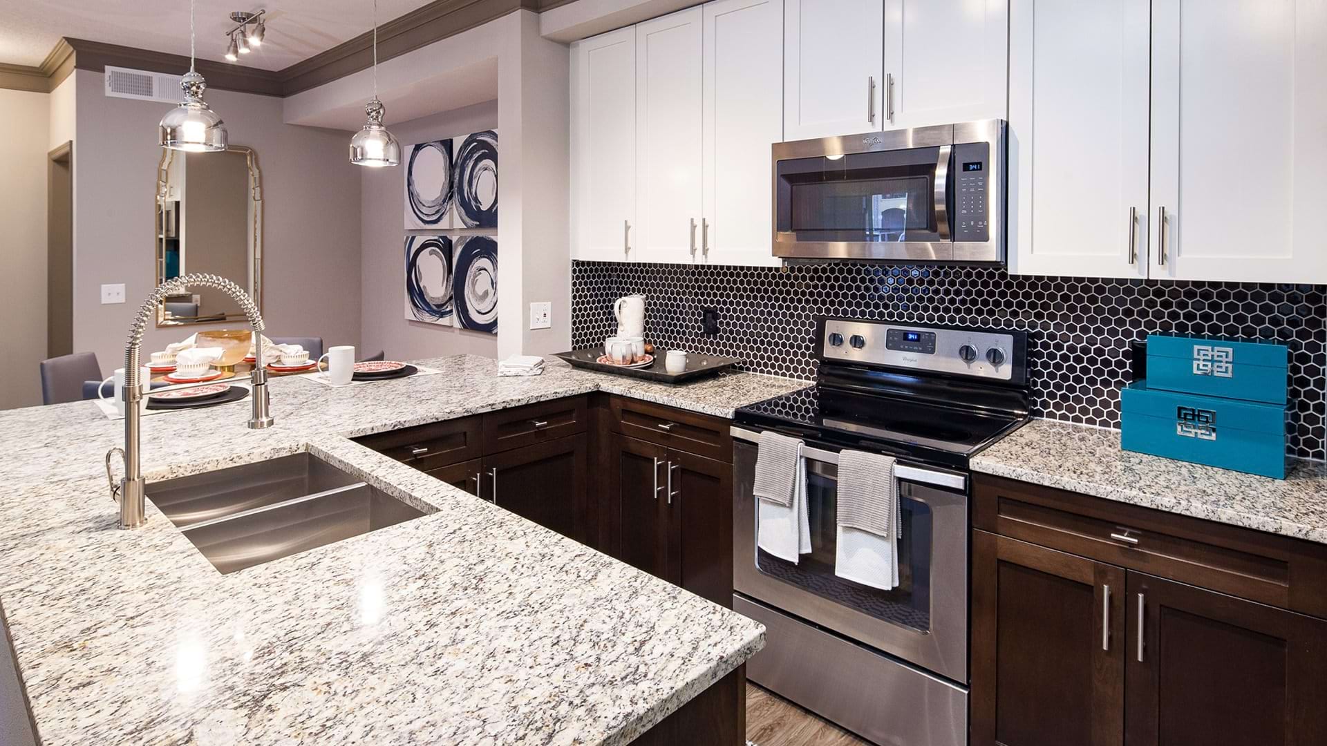 Upscale Kitchen with Stainless Steel Appliances and Granite Countertops at Our Apartments Near Seminole State College