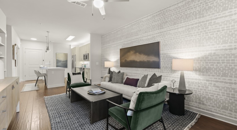 Spacious Living Room with Wood-Style Flooring at Our Apartments Near Buckhead Village