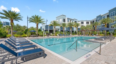 Pool side cabanas at apartments in Orlando, FL