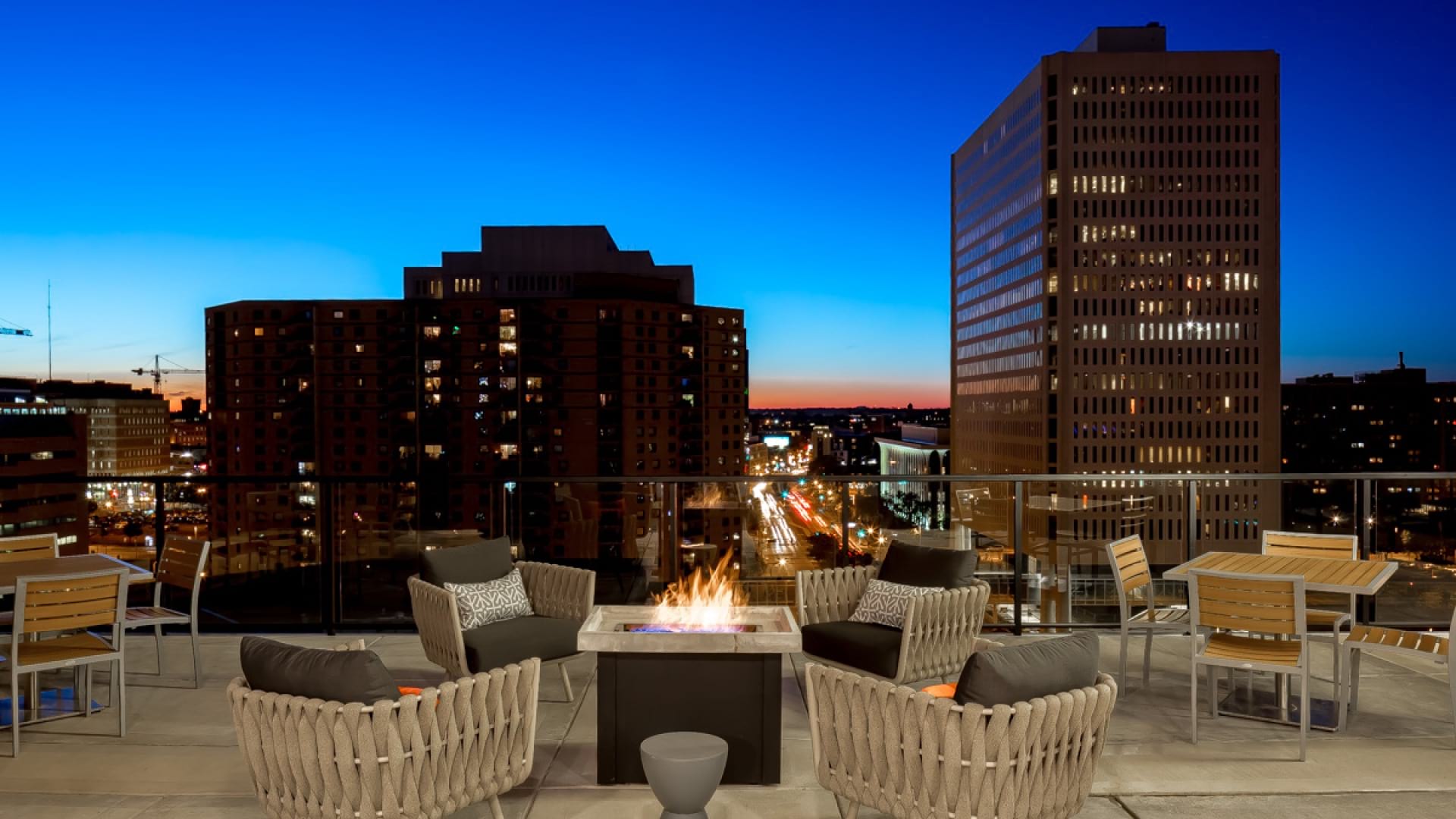 Rooftop Lounge with a Fire Pit and City Views at Our Apartments in Downtown Minneapolis
