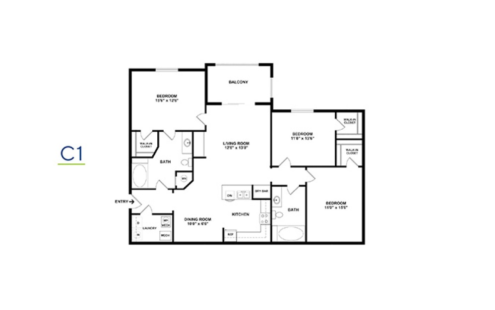 Three Bedroom 3 bedroom 2 bath 1278 - 1633 square feet