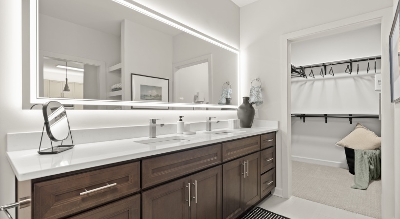 Bathroom with Double Vanity Sinks at Our Buckhead, GA Apartments