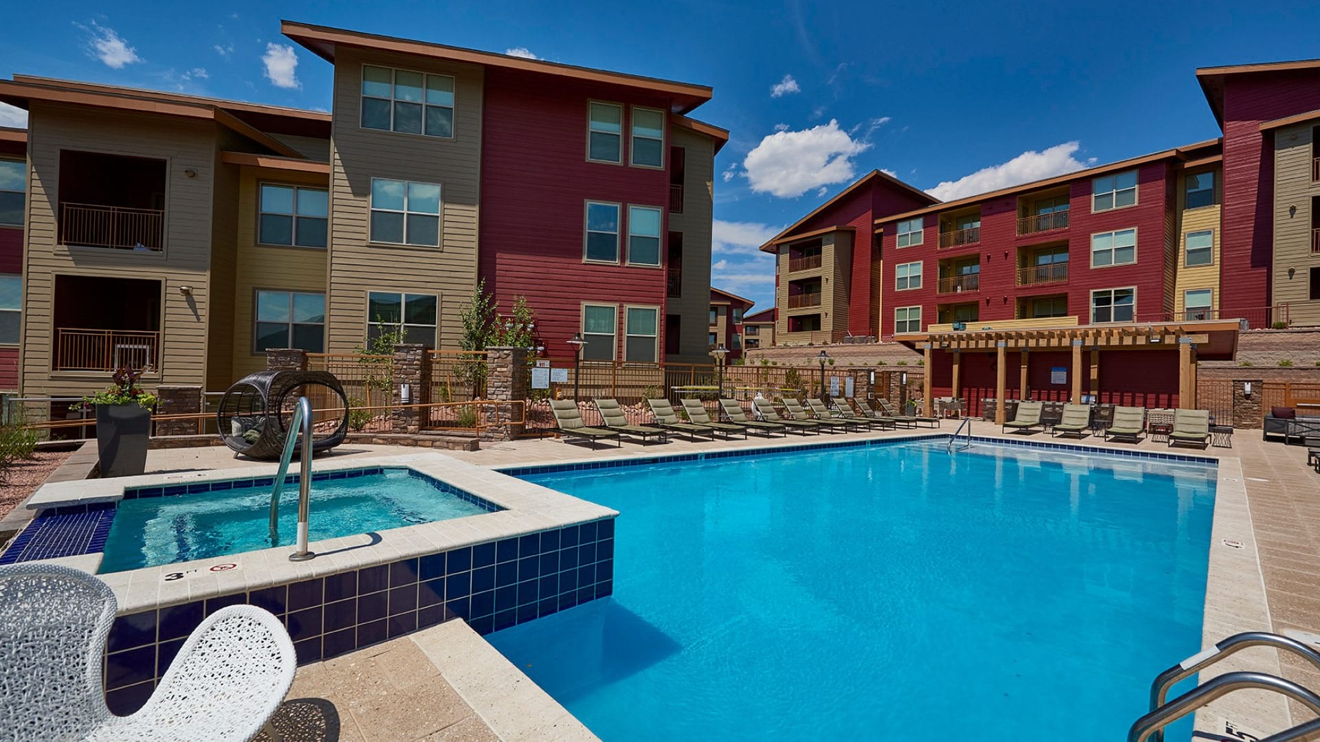 Resort-style pool and heated spa at our apartments in North Colorado Springs