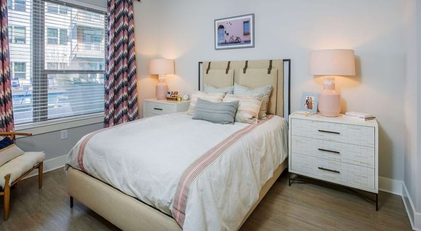 Bedroom with Wood-Style Flooring in Our NoDa, Charlotte Apartments for Rent