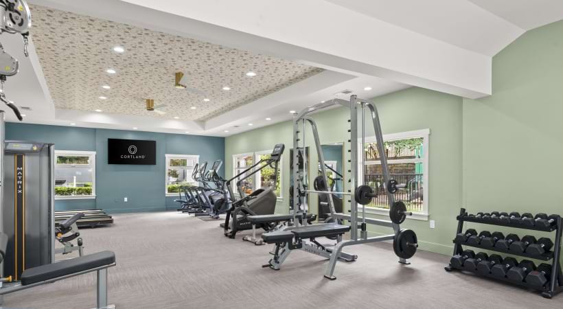 24/7 Fitness Center with Free Weights at Our Franklin Rd, Marietta, GA Apartment Community