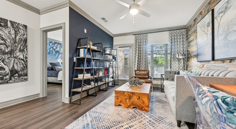Living Room with Access to a Private Balcony in Our Apartments in Midtown Raleigh