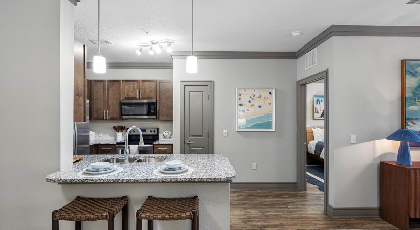Custom Cabinetry with Designer Hardware and Tile Backsplashes at Cortland World Gateway