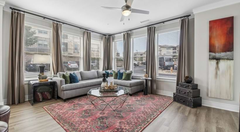 Open-Concept Living Room at Our Interlocken Apartments, Broomfield 