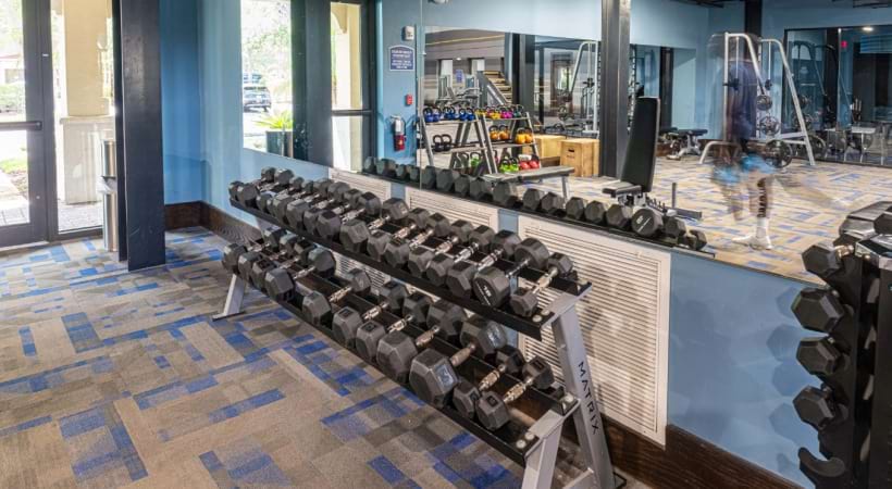Weights at the 24/7 Fitness Center of Our Portofino Apartment Homes