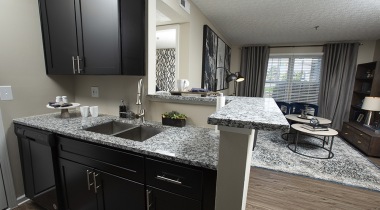 Kitchen with Sleek Granite Countertops at Our East Broad Apartments