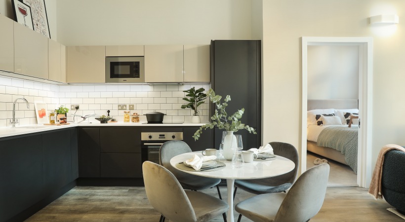 Luxury Kitchen and Bedroom at Our Broad Street Apartments in Birmingham