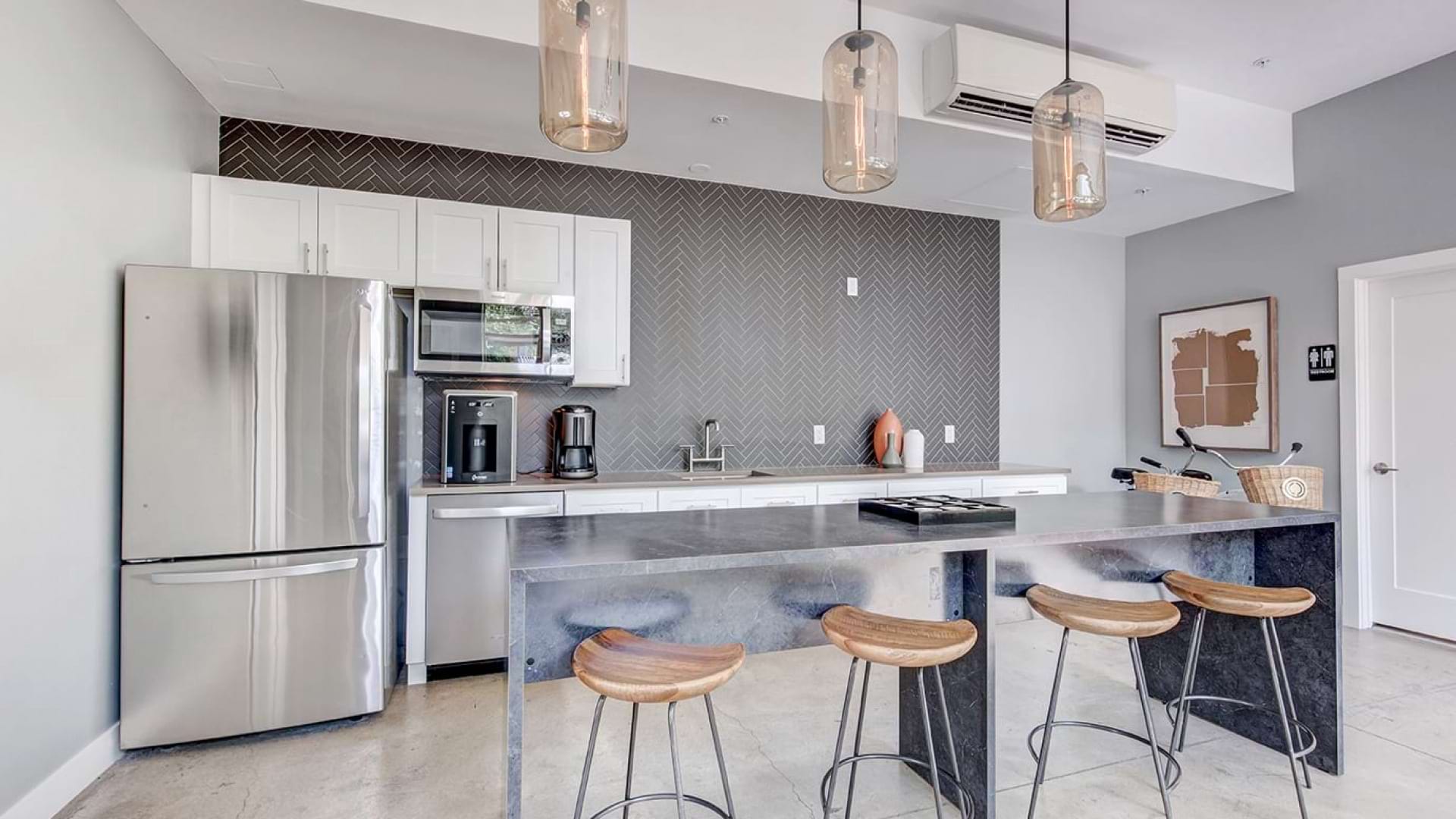Modern Kitchen in the Resident Lounge at Our Lakewood Apartments