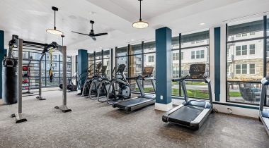 Our fitness center with treadmills at our luxury apartments near Cary, NC