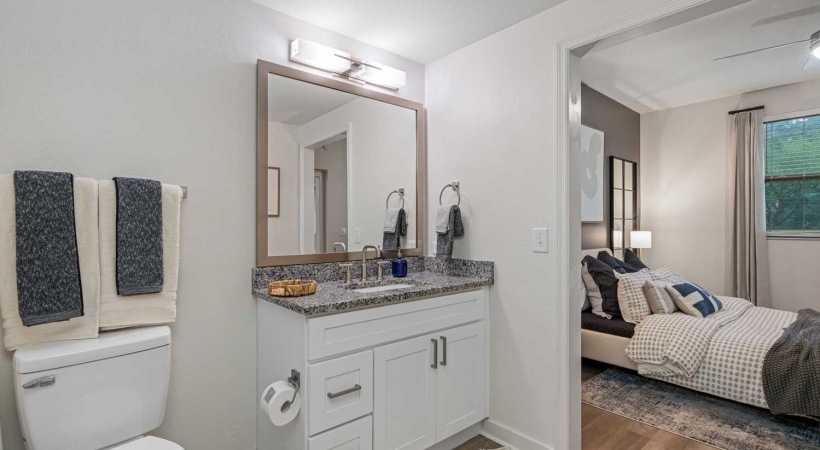 Modern Bathroom With Framed Mirrors At Our Winter Garden, FL  Apartments
