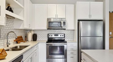 Kitchen with Quartz Countertops at Our Mill District Apartments in Minneapolis