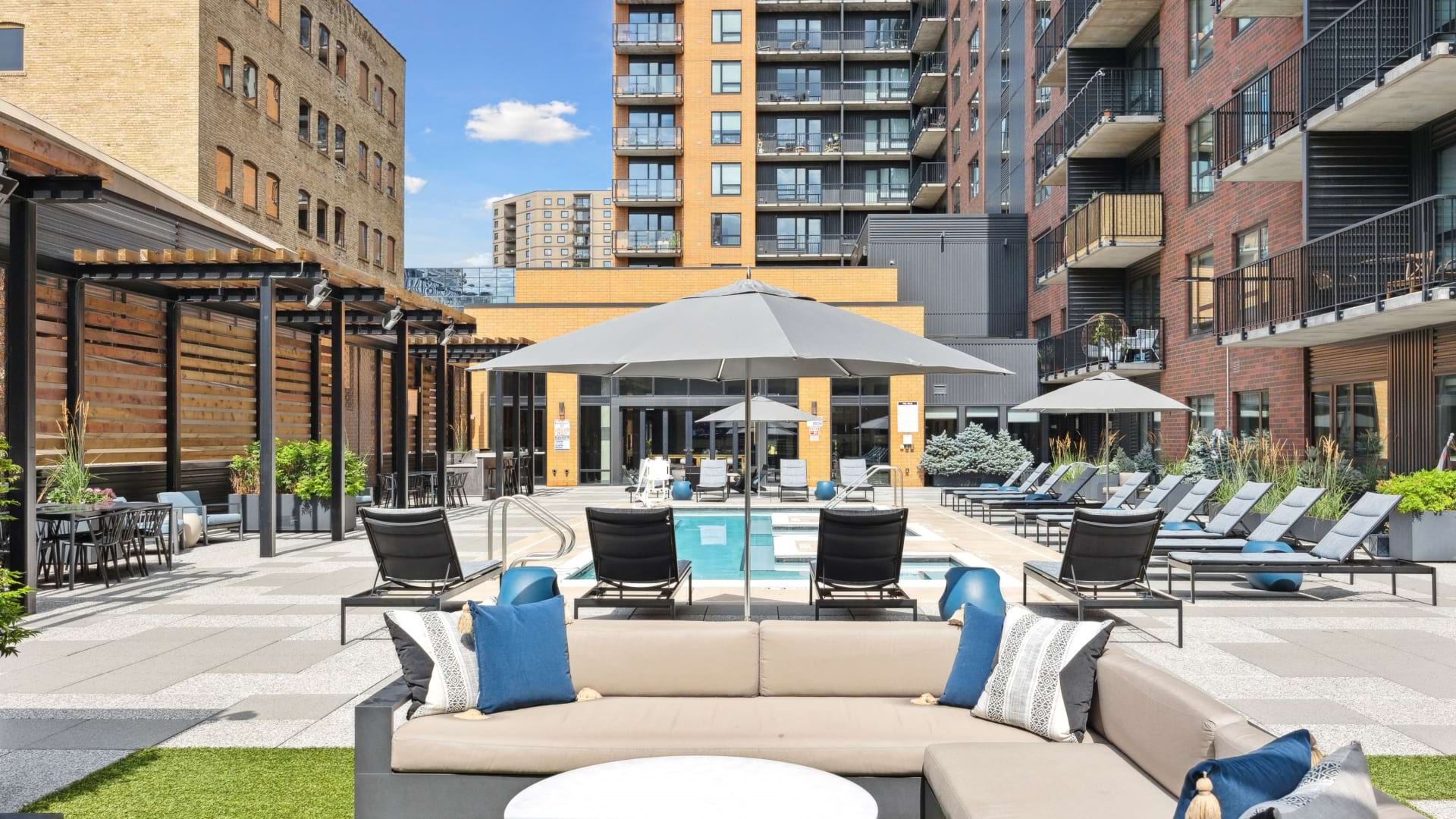 Resort-Style Pool with Cabanas at Our Mill District Apartments in Minneapolis