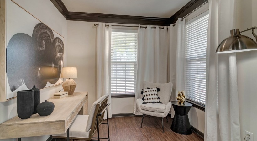 South Fort Worth Apartment Living Room With Large Windows And Wood-Style Flooring