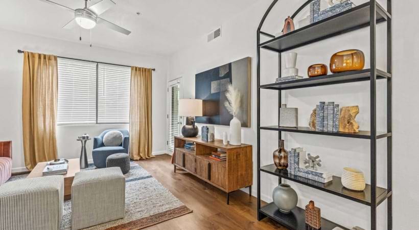 Open-Concept Floor Plan with Wood-Style Flooring at Our Tempe Apartments for Rent