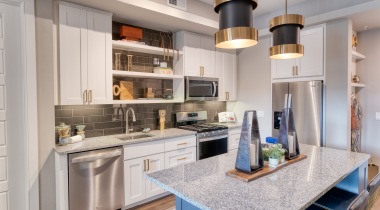 Kitchen island with storage at our modern apartments in Biltmore, AZ
