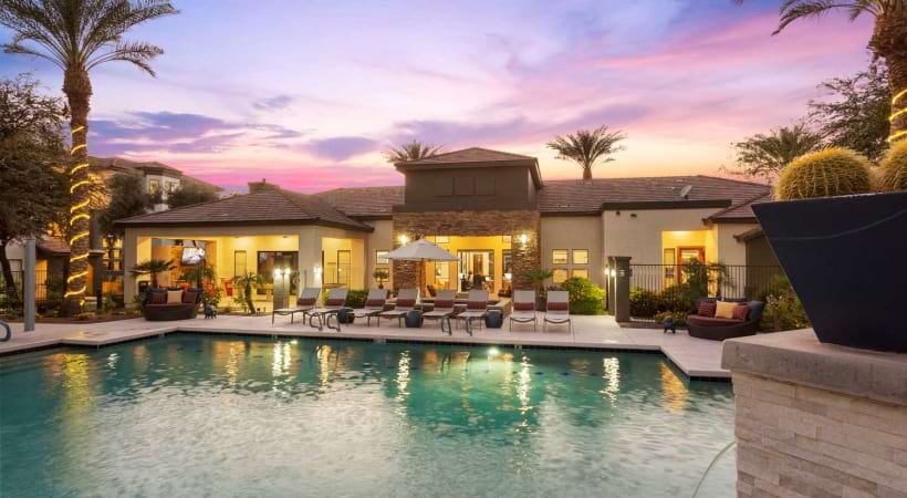Resort-Style Pool with Heated Spa and Lounging Chairs at Our Luxury Apartments in Tempe
