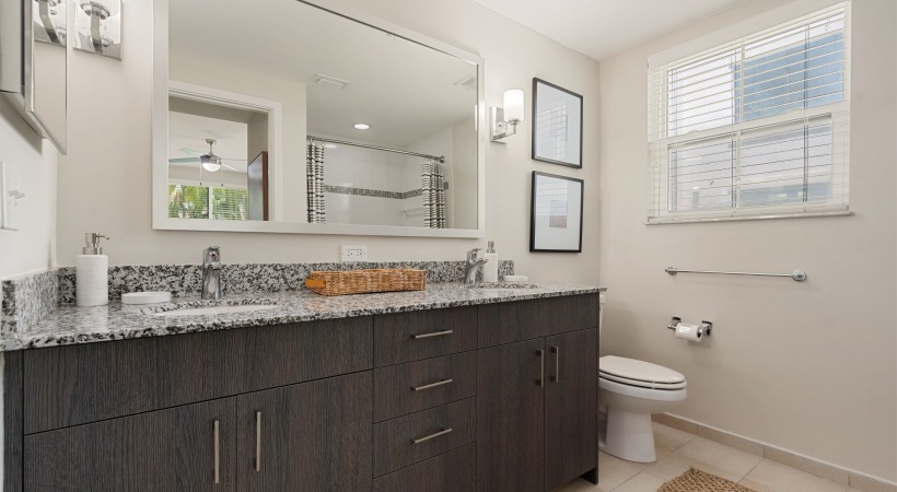 Bathroom with Double-Sink Vanity at Our Hollywood Beach Apartments