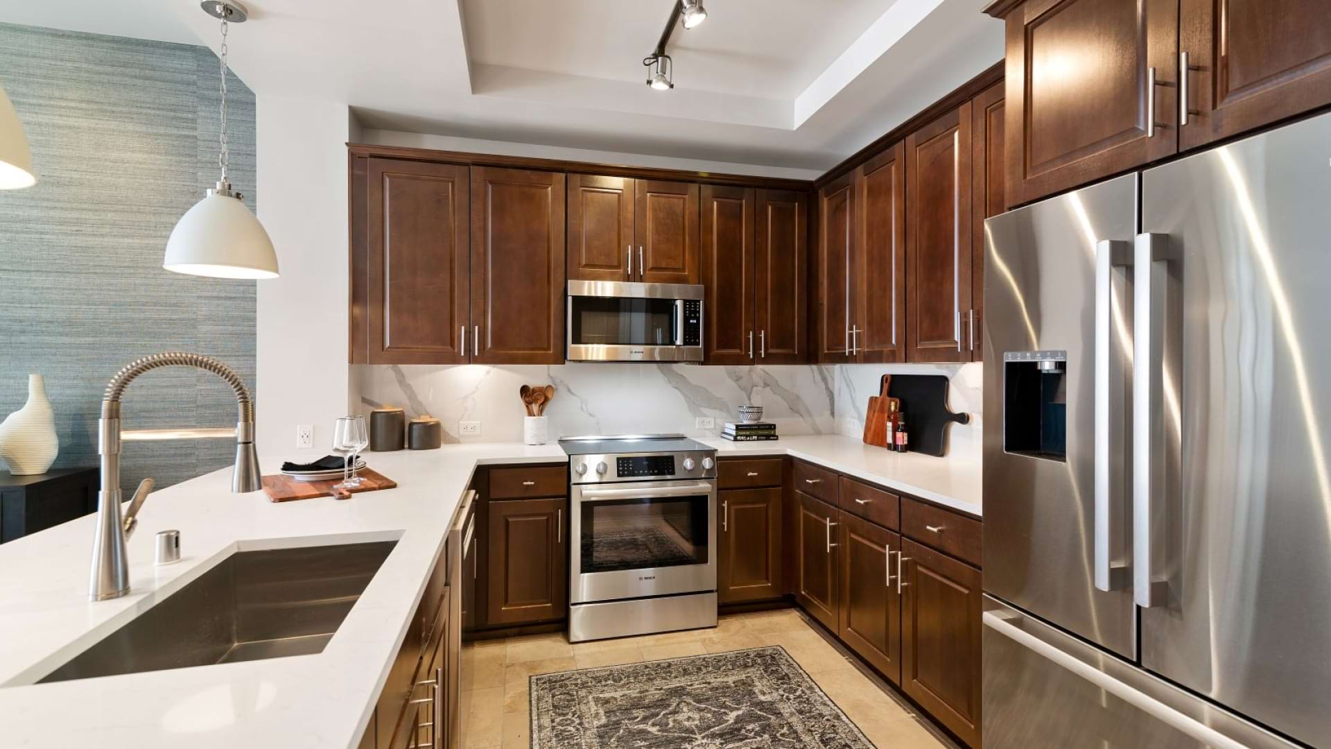 Spacious Kitchen with Quartz Countertops at Our Apartments in Downtown Dallas