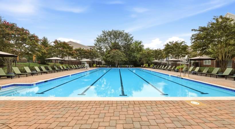 Resort-Style Pool and Sundeck with Lounge Chairs at Our Apartments in Gainesville, Virginia