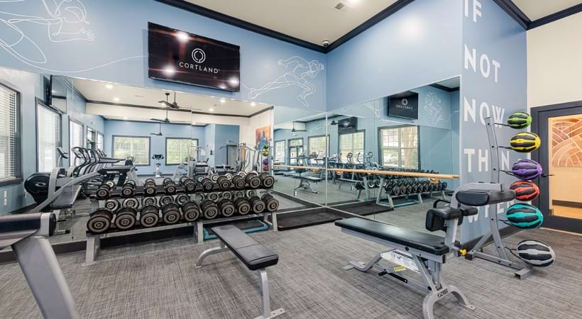 Free Weights in the Fitness Center of Our Falls River Apartments in Raleigh, NC