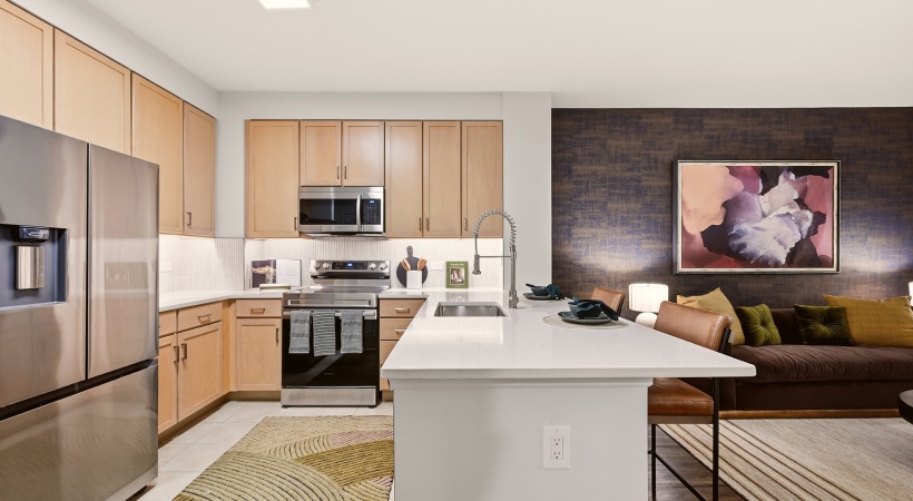 Modern Cabinetry with Designer Hardware and Tile Backsplash
