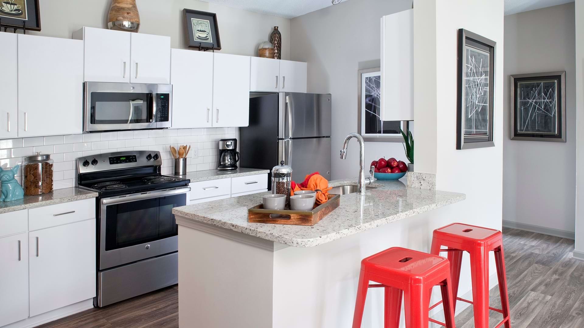Kitchen with Energy-Efficient, Stainless Steel Appliances at Our Sandy Springs, GA Apartments