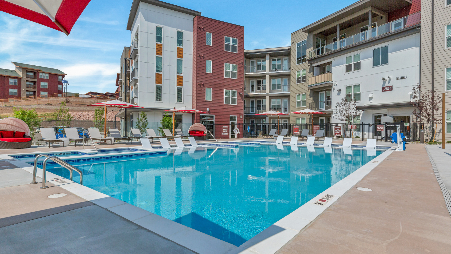 Resort-style pool and heated spa at our apartments in North Colorado Springs