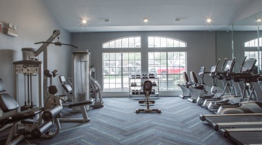 Upscale Fitness Center with Large Windows at Our Irving Apartments