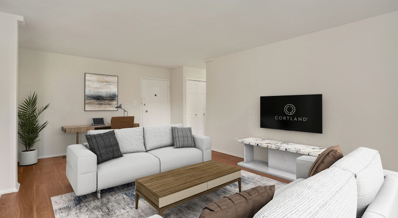 Modern Living Room with Wood-Style Flooring at Our Apartments Near Columbia Pike in Arlington