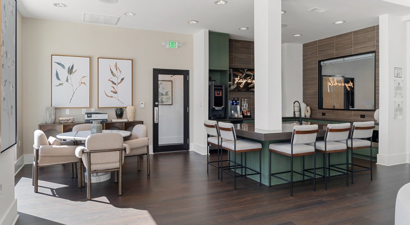 Resident Clubhouse and Kitchen in Our Apartments in the River Oaks District