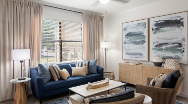 Living Room with Wood-Style Flooring in Our Apartments in Southpark Meadows in Austin