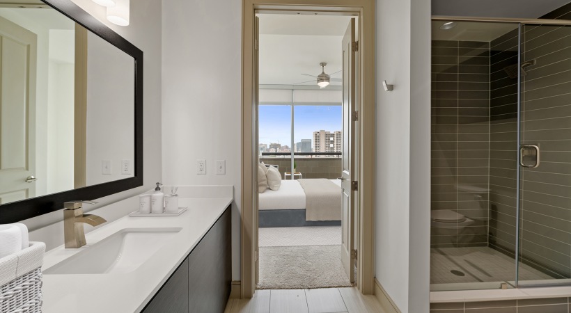 Large Walk-in Shower in Our High-Rise Apartments by Hermann Park