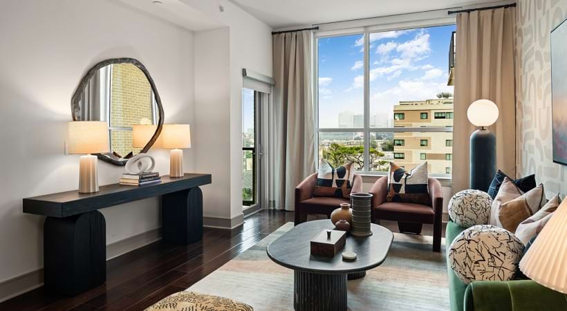 Living Room with Views of the Houston Skyline in Our Rice Village, Luxury Apartments