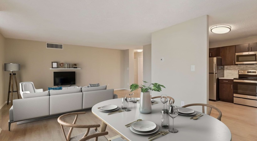 Modern Dining and Living Room with Wood-Style Flooring at Our Apartments in McLean