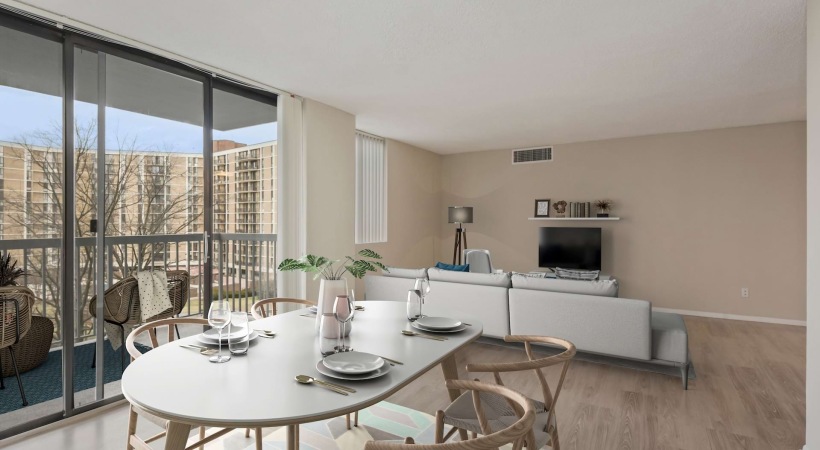 Dining and Living Room with Access to the Private Balcony at Our Apartments for Rent in McLean