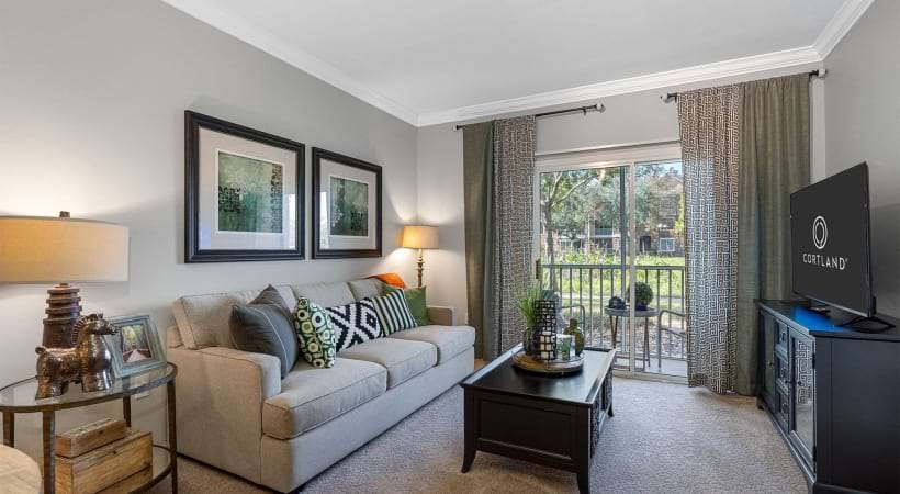 Living Room and a Private Patio at Our Apartments for Rent in North Tampa
