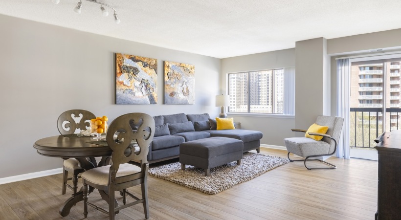 Living Room with Wood-Style Flooring at Our Arlington Apartment Community