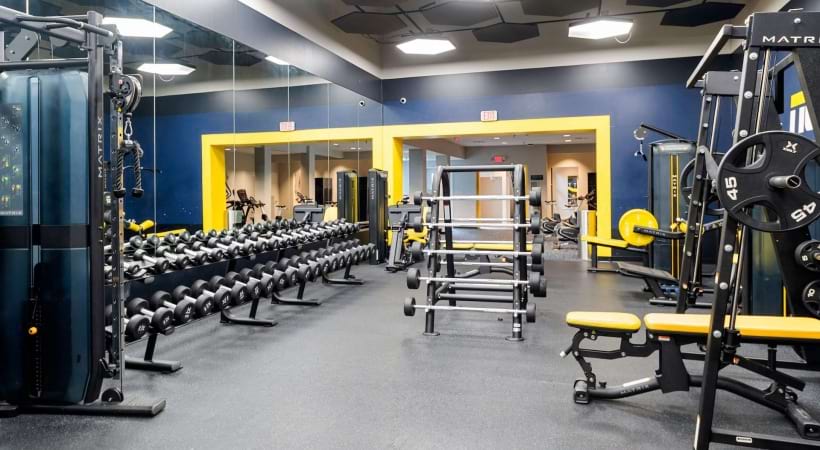 24/7 Fitness Center and Yoga Studio with Weights at Our Modern Apartments in Alexandria, VA